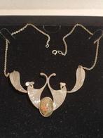ART DECO HALSKETTING GINGKO BILOBA UNAKITE STEEN, Ophalen of Verzenden, Zo goed als nieuw, Zilver, Zilver