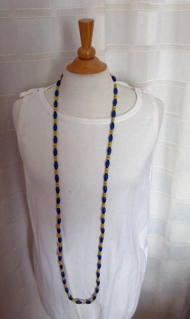 ketting 20 houten kralen blauw geel  vintage  retro jaren 60, Sieraden, Tassen en Uiterlijk, Kettingen, Zo goed als nieuw, Overige materialen