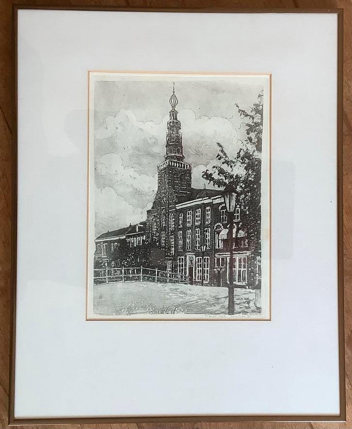 Leiden, kerk, Lodewijkkerk, ets, schilderij, Karel Kok, oud, Antiek en Kunst, Kunst | Etsen en Gravures, Ophalen of Verzenden