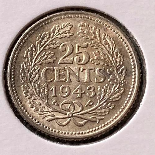 25 Cent Zilver uit 1943 Pe / Ep van Wilhelmina, Postzegels en Munten, Munten | Nederland, Losse munt, 25 cent, Koningin Wilhelmina