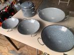 Grijs gewolkte rijststomer + diverse Wadjans/Wok pannen, Antiek en Kunst, Antiek | Emaille, Ophalen of Verzenden