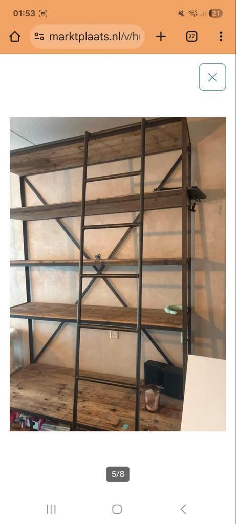 Vintage Industriële Kast met Ladder, Huis en Inrichting, Kasten | Boekenkasten, 200 cm of meer, 25 tot 50 cm, Metaal, Ophalen