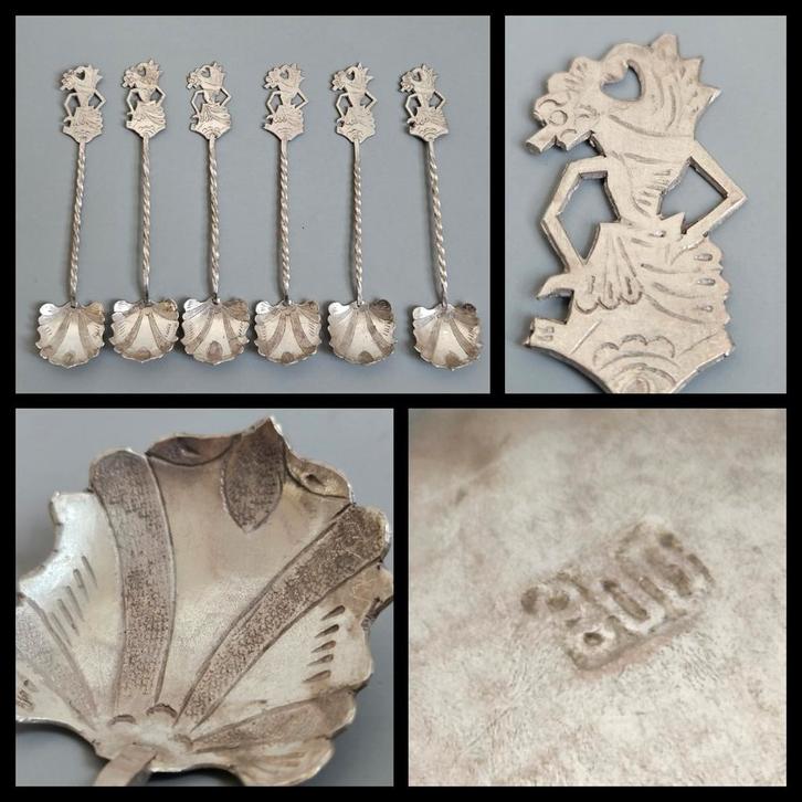 Antiek zilver, zes zilveren djokja lepeltjes, getorst 39 gr., Antiek en Kunst, Antiek | Goud en Zilver, Zilver, Ophalen of Verzenden