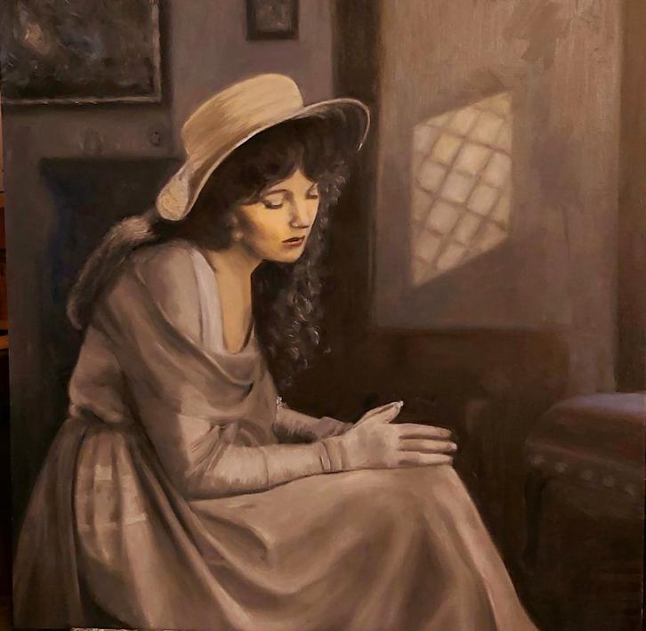 Vintage Dame Portret Schilderij 100x100 cm, Antiek en Kunst, Kunst | Schilderijen | Klassiek, Ophalen of Verzenden