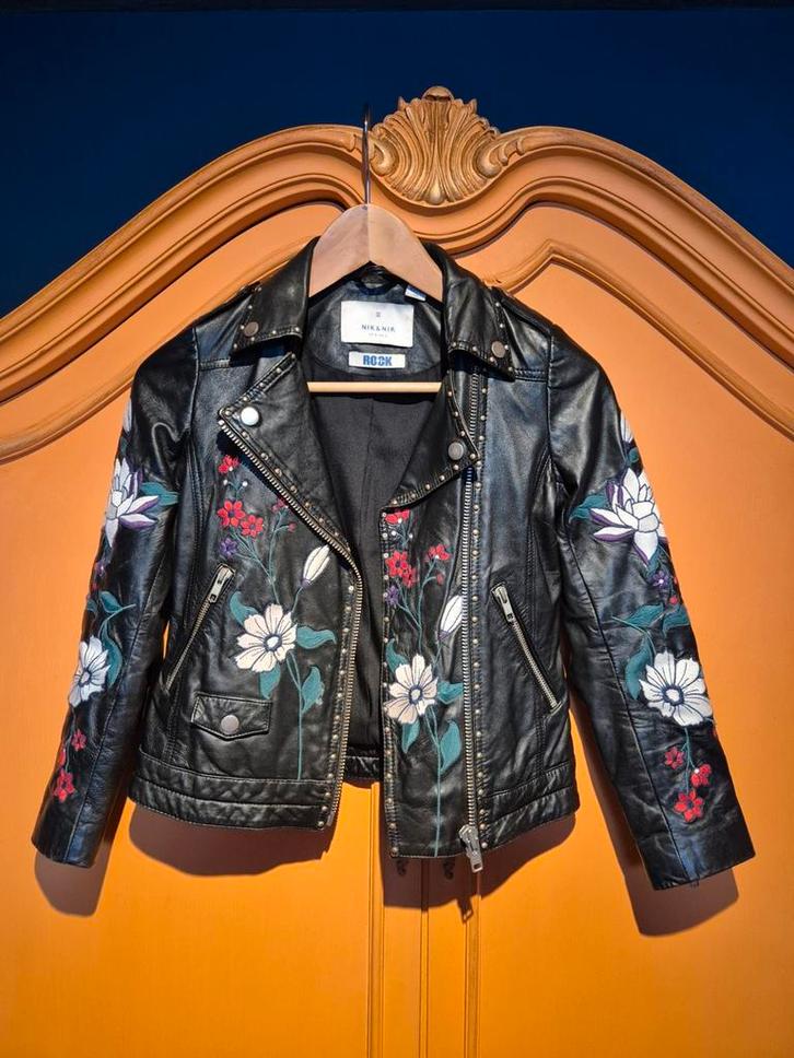 Zwart leren bikerjasje van Nik & Nik mt 140, Kinderen en Baby's, Kinderkleding | Maat 140, Zo goed als nieuw, Meisje, Jas, Ophalen of Verzenden