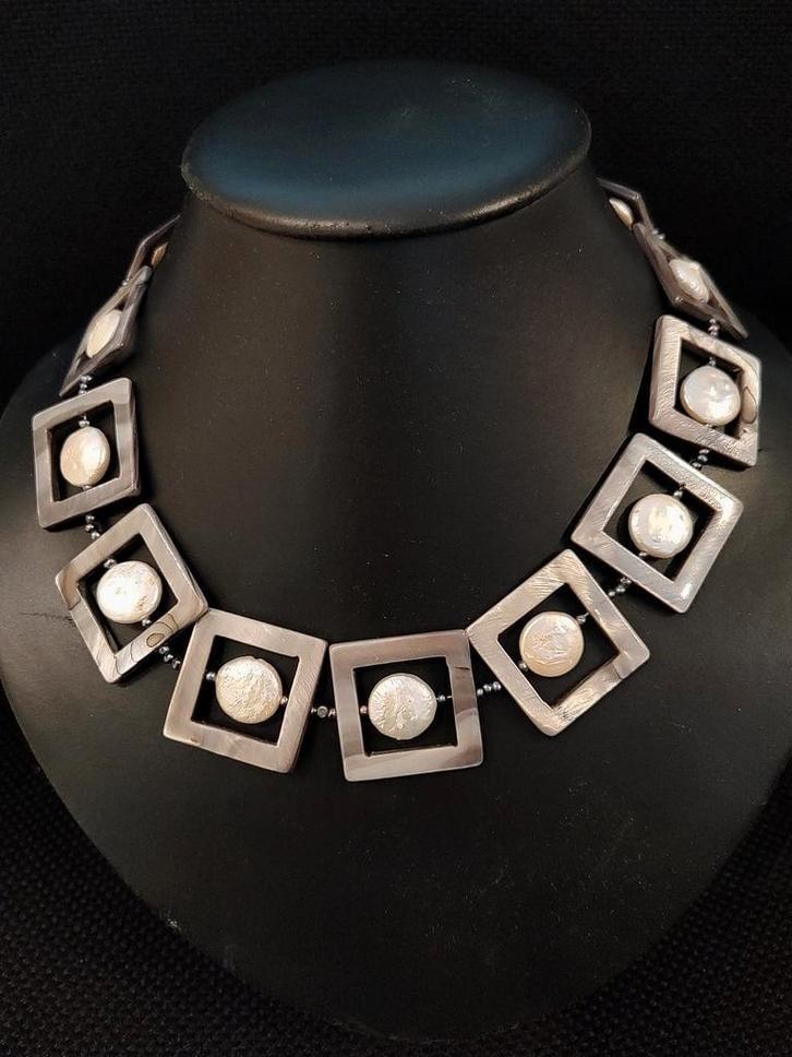 Vintage ketting barok parel en parelmoer vierkante schelpen, Sieraden, Tassen en Uiterlijk, Kettingen, Zo goed als nieuw, Steen of Mineraal