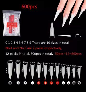 600 Stuks XL Lange Coffin Stiletto Nagels Tips in Zakjes. beschikbaar voor biedingen
