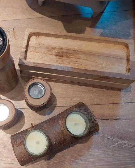 Houten kandelaars en decoratie set, Huis en Inrichting, Woonaccessoires | Kandelaars en Kaarsen, Nieuw, Kandelaar, Minder dan 25 cm