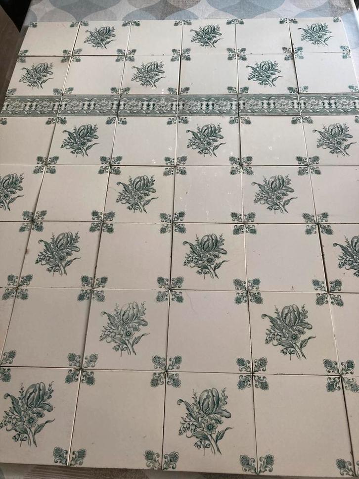 66 antieke wandtegels 15,2 x 15,2 cm + 6 randtegels, Antiek en Kunst, Antiek | Wandborden en Tegels, Ophalen of Verzenden
