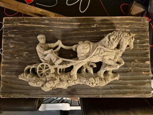 Antiek Wandpaneel Hout/Steen - boer/arbeider, Antiek en Kunst, Kunst | Beelden en Houtsnijwerken, Ophalen of Verzenden