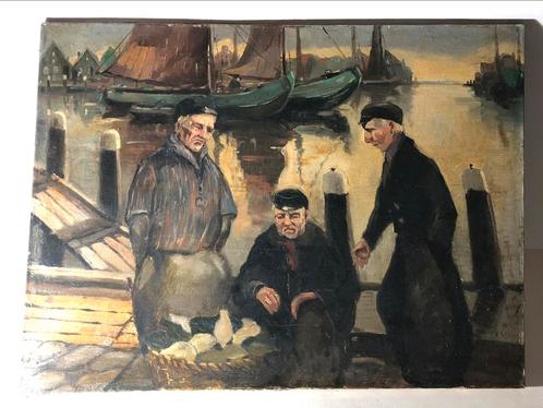 Olieverf schilderij jaren dertig Vissers met een mand schol, Antiek en Kunst, Kunst | Schilderijen | Klassiek, Ophalen of Verzenden