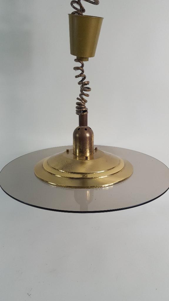 Vintage hanglamp, gerookt glas, rookglas, messing. S11, Huis en Inrichting, Lampen | Hanglampen, Gebruikt, Minder dan 50 cm, Glas