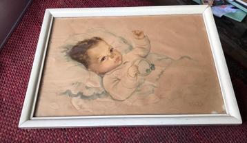 Schattige aquarel van Baby in Lijst achter Glas- Gesigneerd beschikbaar voor biedingen