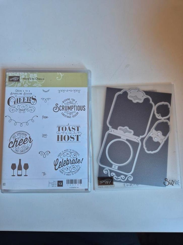 Stampin Up setlist Here's to Cheers  en Cheerful Tags, Hobby en Vrije tijd, Stempelen, Zo goed als nieuw, Clearstamp, Ophalen of Verzenden