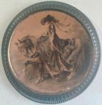 Antieke koperen plaat rond met een afbeelding gesigneerd, Ophalen