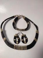 Vintage 80's Set armband ketting armband leer Etnisch, Ophalen of Verzenden, Gebruikt, Zwart, Overige materialen