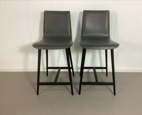 2 Lederen Barkrukken - Maria Yee californian design, Huis en Inrichting, Stoelen, Zo goed als nieuw, Twee, Leer, Grijs, Ophalen