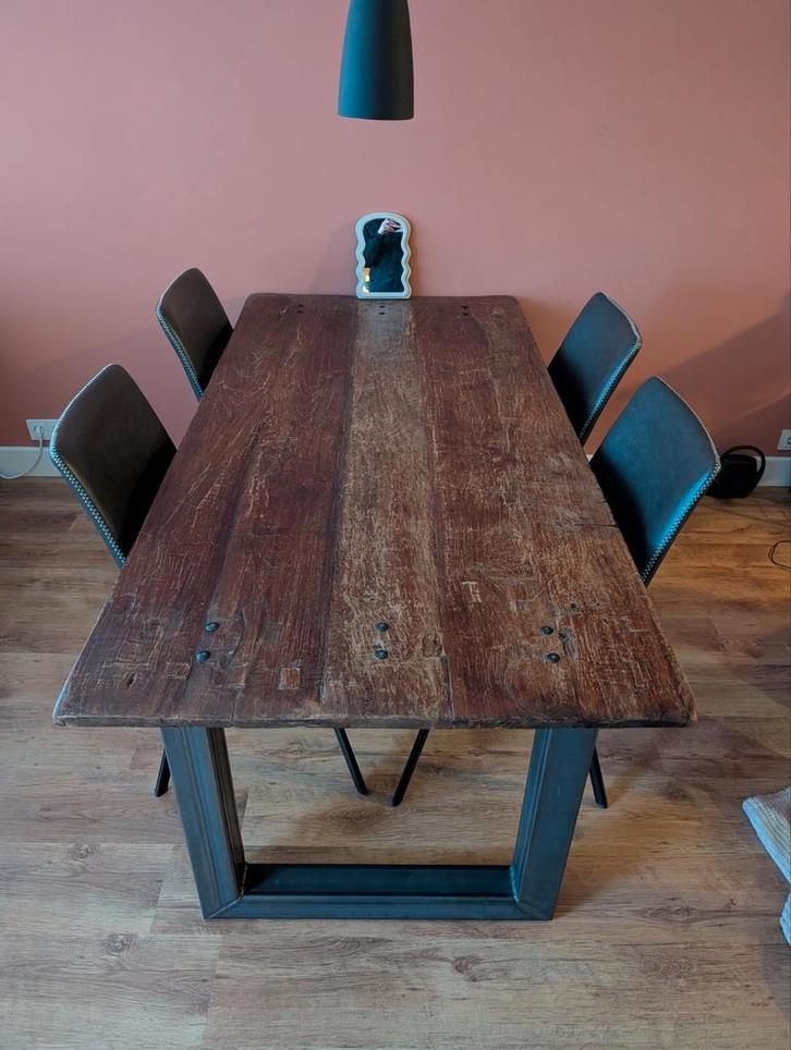 Rustieke eikenhouten tafel - industrieel/vintage, Huis en Inrichting, Tafels | Eettafels, Gebruikt, 50 tot 100 cm, 150 tot 200 cm