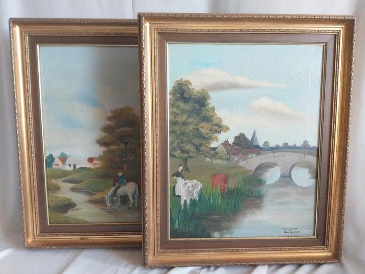 Naïeve Schilderkunst - R Audoire - Landschappen - 1917, Antiek en Kunst, Kunst | Schilderijen | Klassiek, Ophalen of Verzenden