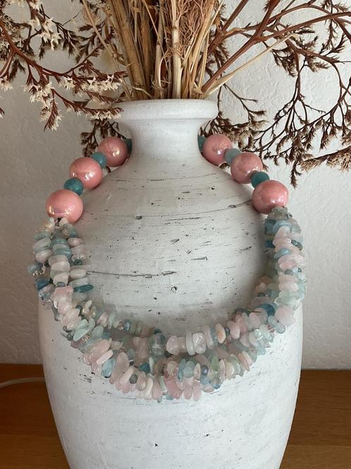 Ketting met  morganite, larimar en keramiek kralen, Sieraden, Tassen en Uiterlijk, Kettingen, Nieuw, Steen of Mineraal, Verstelbaar