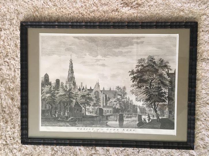 Amsterdam, kopergravure Oude Kerk 1730, Antiek en Kunst, Kunst | Etsen en Gravures, Ophalen of Verzenden