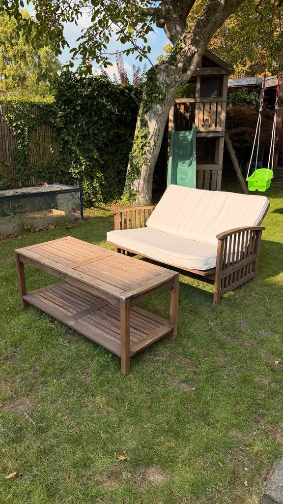Teakhouten tuinset, Tuin en Terras, Tuinsets en Loungesets, Gebruikt, Loungeset, Hout, 3 zitplaatsen, Bank, Ophalen