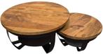 2 Ronde industriële salontafel van mangohout 90cm & 70cm, Huis en Inrichting, Tafels | Salontafels, Ophalen, 50 tot 100 cm, Rond