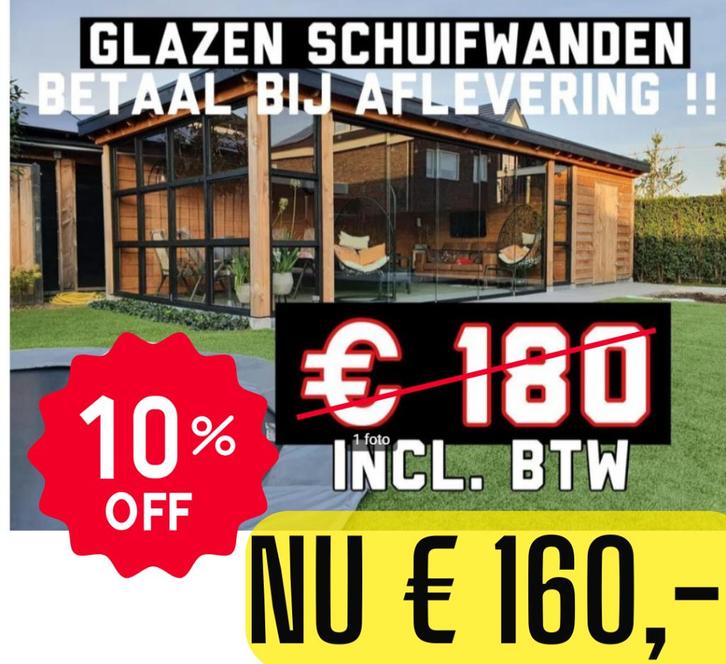 Glazen schuifwand - nu voor €160 Compleet! nergens goedkoper, Tuin en Terras, Overkappingen, Nieuw, Veranda, Ophalen of Verzenden