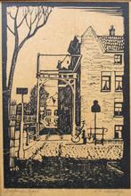 A.H. Nordberg: Delftse Vaart met Stokvisbrug, ca. 1935, Antiek en Kunst, Kunst | Etsen en Gravures, Ophalen of Verzenden