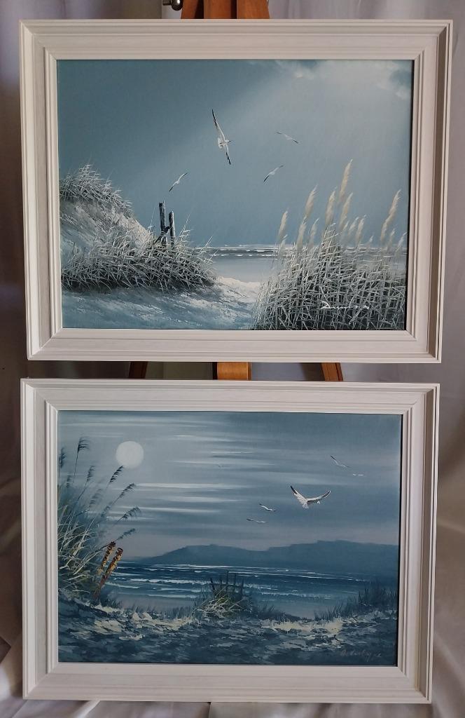 2 x Zeezicht - Olieverf op doek - 1980, Antiek en Kunst, Kunst | Schilderijen | Klassiek, Ophalen of Verzenden