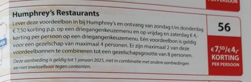 Humphrey's Restaurants  kortingsbon, Tickets en Kaartjes, Kortingen en Cadeaubonnen, Drie personen of meer, Overige typen, Kortingsbon