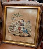 Oud, geborduurd schilderij, dame met hond, authentieke lijst, Ophalen