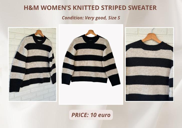 H&M Women’s Knitted Striped Sweater – Black & Beige – Size S, Kleding | Dames, Truien en Vesten, Zo goed als nieuw, Beige, Ophalen of Verzenden