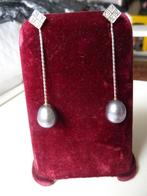 Oorbellen, 14 kt. wit goud, blauwe Tahiti parel + diamanten, Hangers, Nieuw, Met edelsteen, Goud