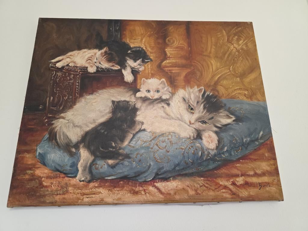Vintage olieverfschilderij kittens – W. van den Burch- 5040, Ophalen of Verzenden