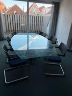 Glazen eetkamer- vergadertafel met zwart metalen onderstel, Ophalen, 100 tot 150 cm, 200 cm of meer, Vijf personen of meer