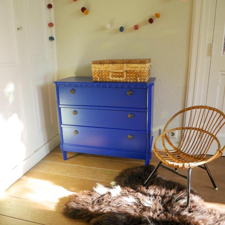 Vintage blauw ladekastje, Huis en Inrichting, Kasten | Ladekasten, Minder dan 100 cm, 50 tot 100 cm, 25 tot 50 cm, 3 of 4 laden