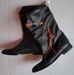Vintage Zwarte Leren Laarzen met Bruine Accenten - Maat 38, Zwart, Ophalen of Verzenden, Zo goed als nieuw, Italiaans