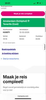 Ticket Tenerife met Transavia HV 6671 12 Februari 14.15, Tickets en Kaartjes, Eén persoon, Vliegtuig, Buitenland, Met bestemming of datum