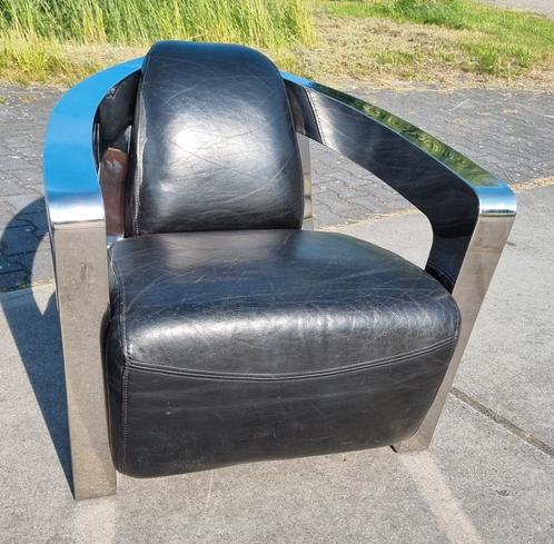Industriële Aviator fauteuil zwart leer + BEZORGING GRATIS, Huis en Inrichting, Fauteuils, Gebruikt, Leer, Metaal, Ophalen of Verzenden