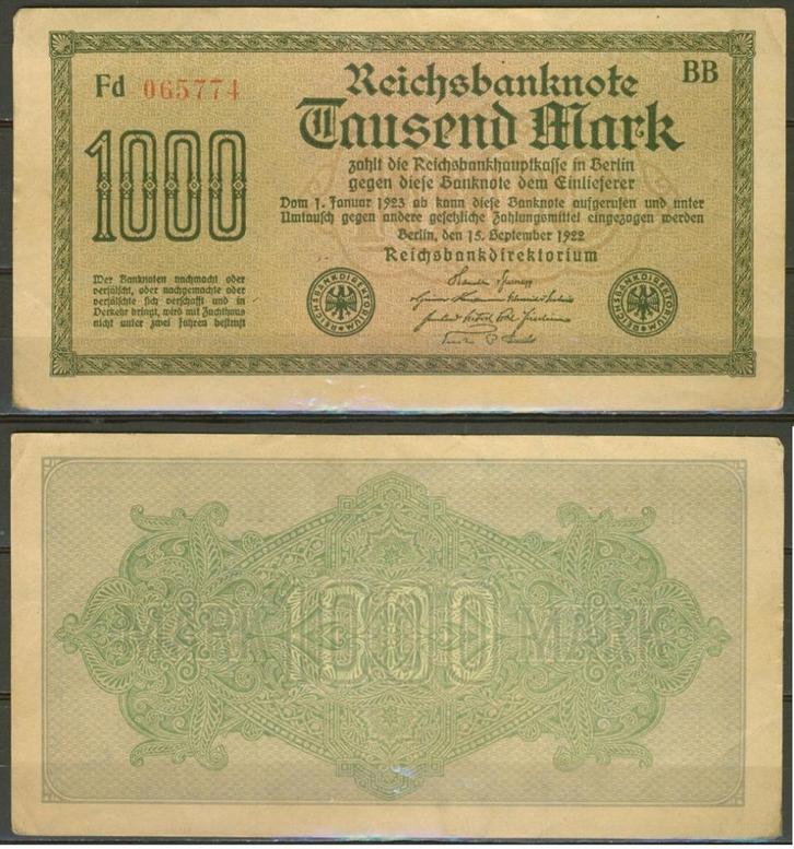 Berlin 1000 Mark 1922 Fd 065774 Reichsbanknote Biljet r-103, Postzegels en Munten, Bankbiljetten | Europa | Niet-Eurobiljetten