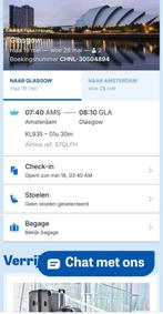 2 Vliegtickets Retour Amsterdam Glasgow, Tickets en Kaartjes, Twee personen, Vliegtuig, Met bestemming of datum