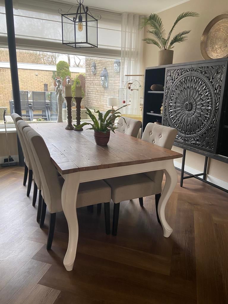 Prachtige Franse teakhouten eettafel – Queen Ann – 200 x 100, Ophalen, Teakhout, 200 cm of meer, 50 tot 100 cm