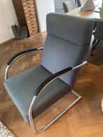 Fijne, ruime design fauteuil donkerblauw met chroom, Huis en Inrichting, Fauteuils, Ophalen, Minder dan 75 cm, Modern, design, chroom, Van Gispen, Jan des Bouvrie