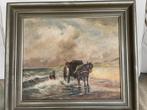 Schilderij met paard en kar aan zee, Antiek en Kunst, Kunst | Schilderijen | Klassiek, Ophalen of Verzenden
