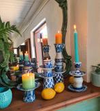 Set van 6 "stapel-kandelaars" oud aardewerk keramiek blauw, Ophalen, Overige materialen, Blauw, Zo goed als nieuw