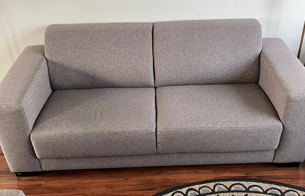 Taupekleurige tweezitsbank en 2 fauteuils, Huis en Inrichting, Banken | Bankstellen, Ophalen, Gebruikt, 150 tot 200 cm, Tweepersoons