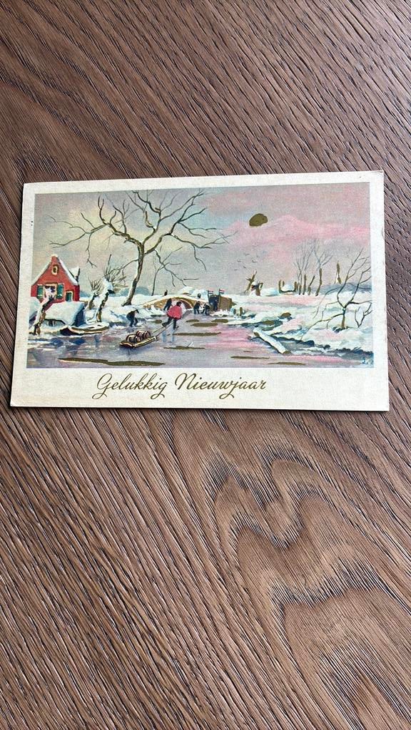 Nieuwjaar. Schaatsen, ondergaande zon, goudopdruk, Ophalen of Verzenden, Voor 1920, Gelopen, Overige thema's