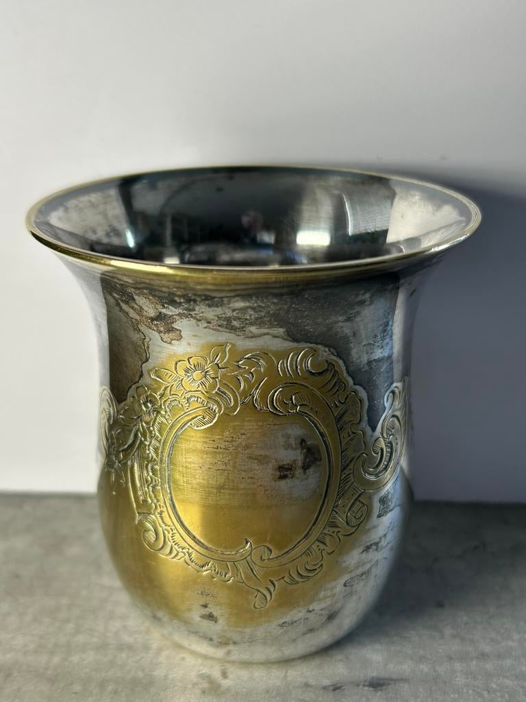 Heel oud antiek lepelvaasje, verzilverd koper, 8 cm, Antiek en Kunst, Curiosa en Brocante, Ophalen of Verzenden