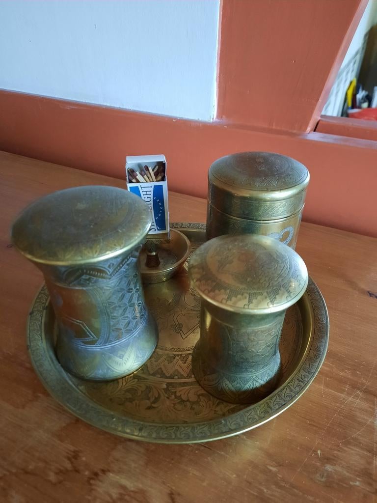 Zwaar koper rookstel onderblad wajang poppen vintage antiek, Ophalen of Verzenden